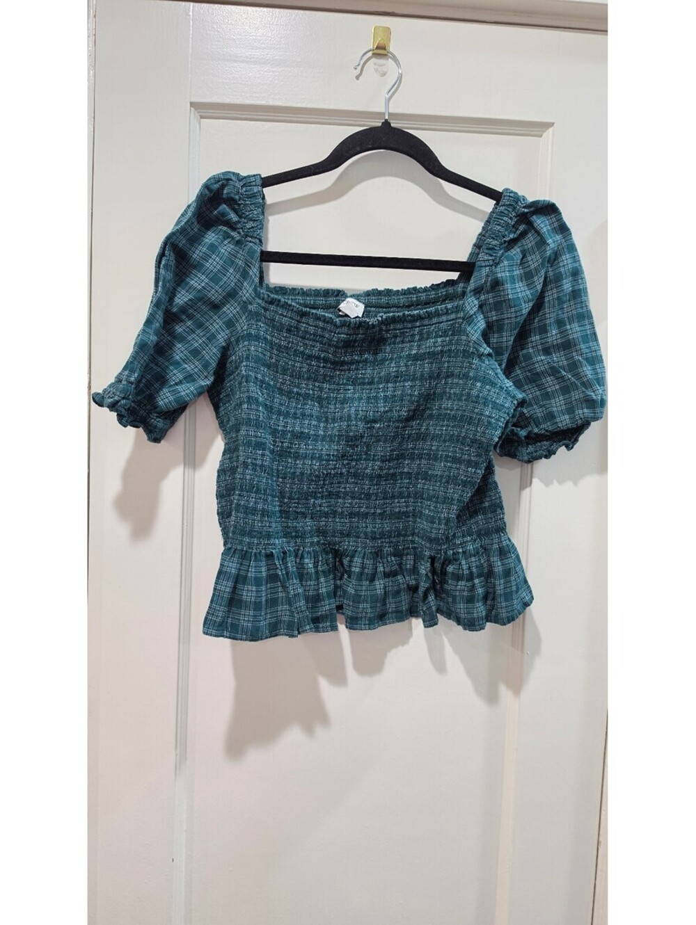 J.Crew Green Plaid Puff Sleeve Top Medium